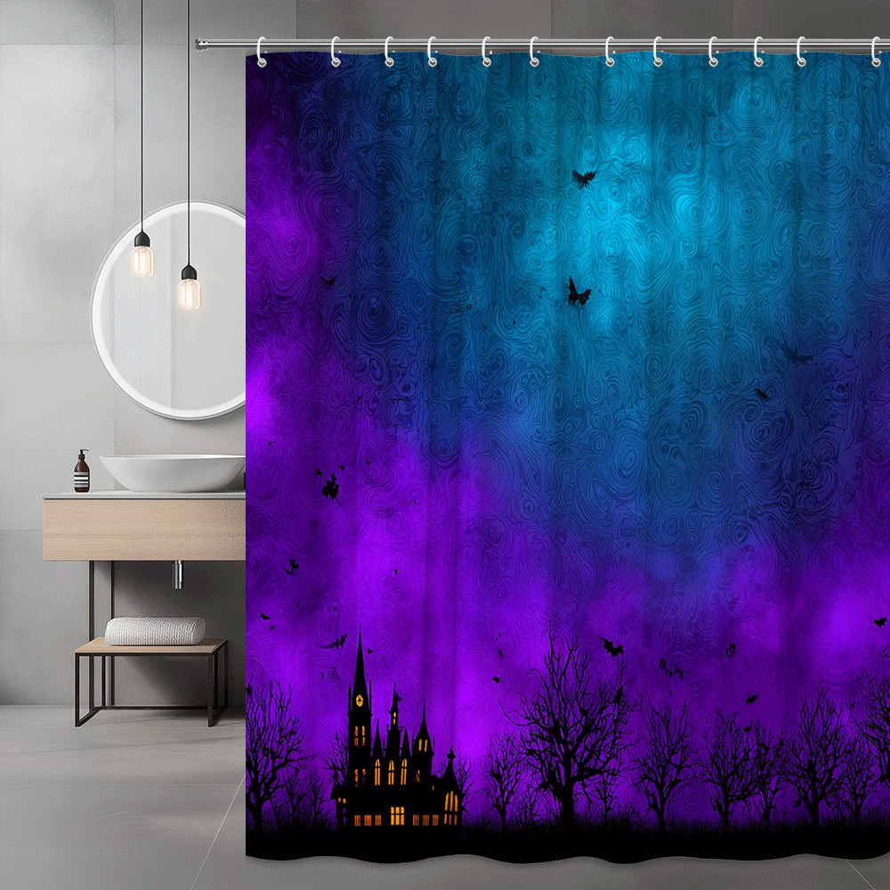 Halloween Shower Curtain Purple Blue Spooky Castle Bats Trees
