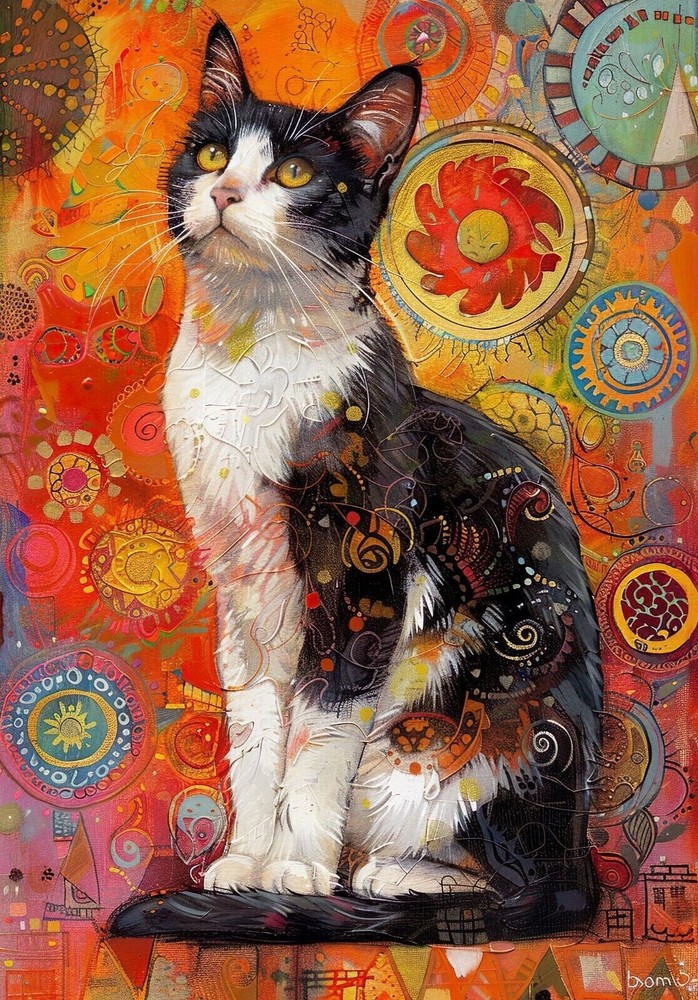 Gustav Klimt Black & White Cat Abstract Wall Art Poster Print Picture