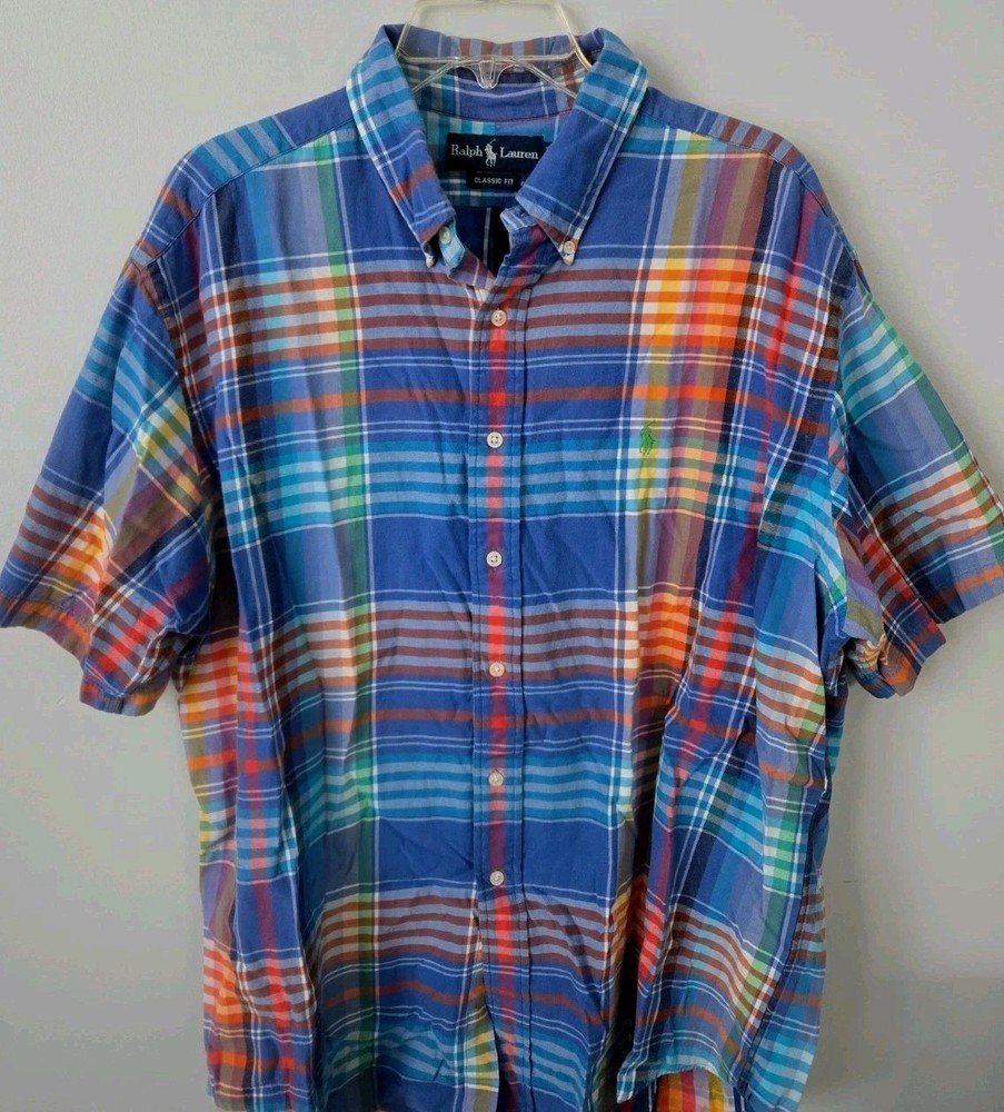 Ralph Lauren Classic Fit Mens XL Blue Plaid Button Down Short Sleeve Shirt Pony