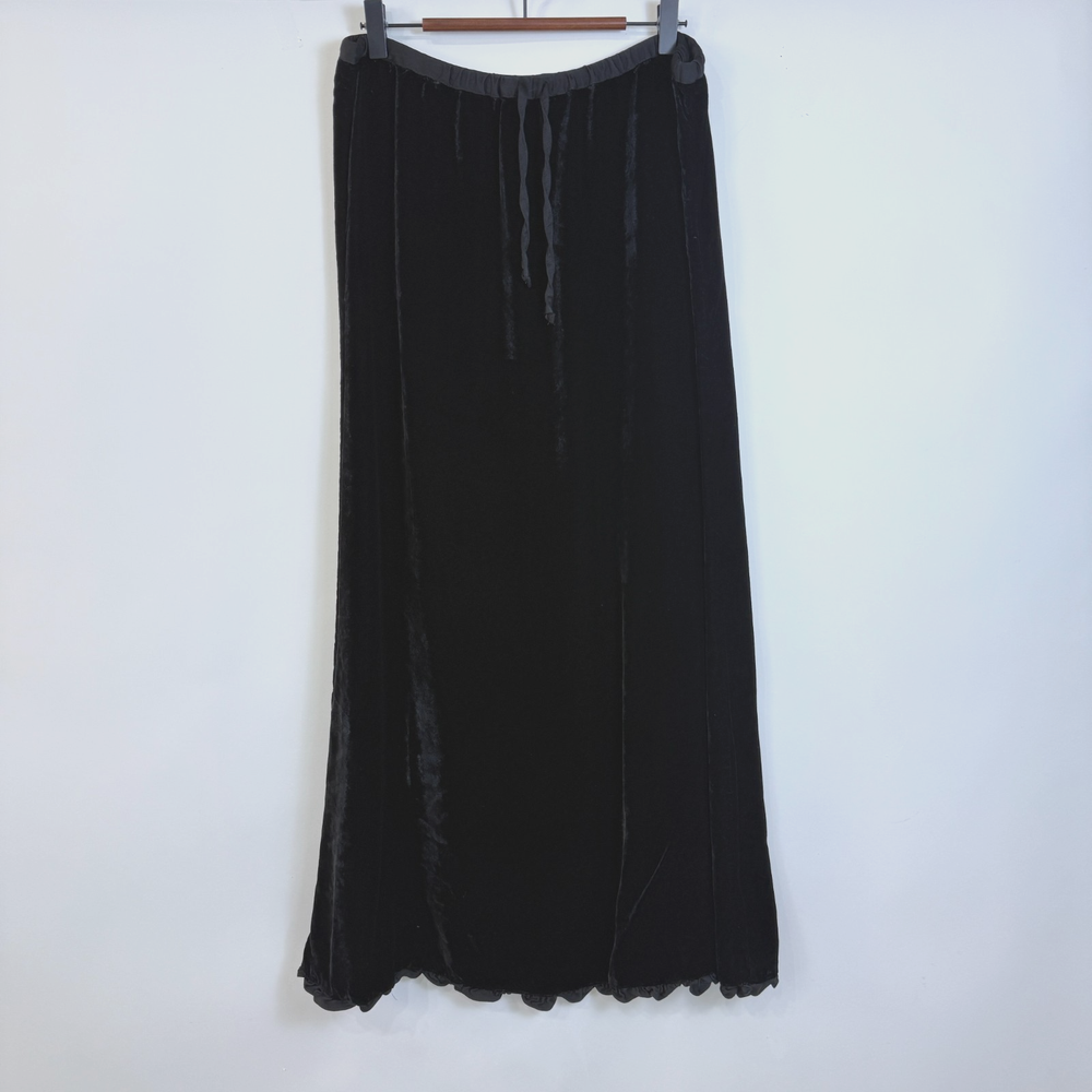 J Jill Velvet Maxi Skirt Small Black Ruffle Trim Drawstring Waist Whimsigoth