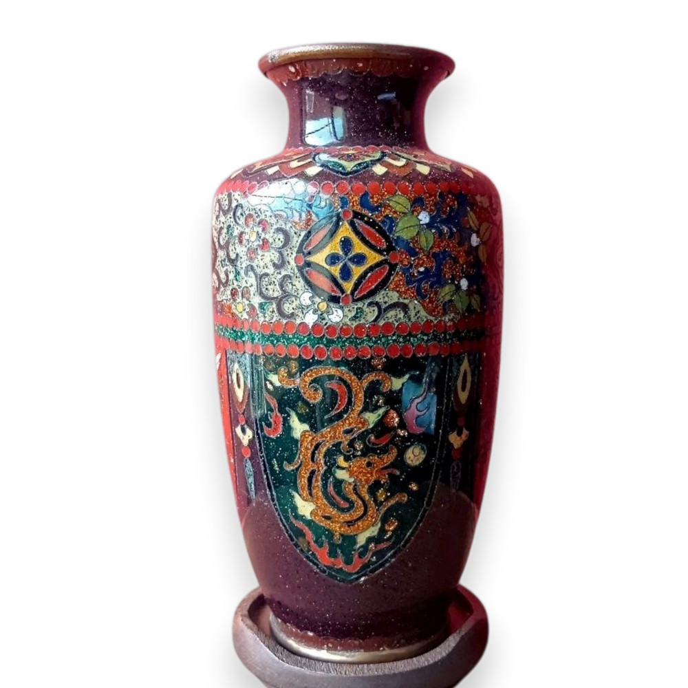 Japanese Cloisonne Vase Meiji Period Antique Jar Vessel Dragon Phoenix 4.7 inch