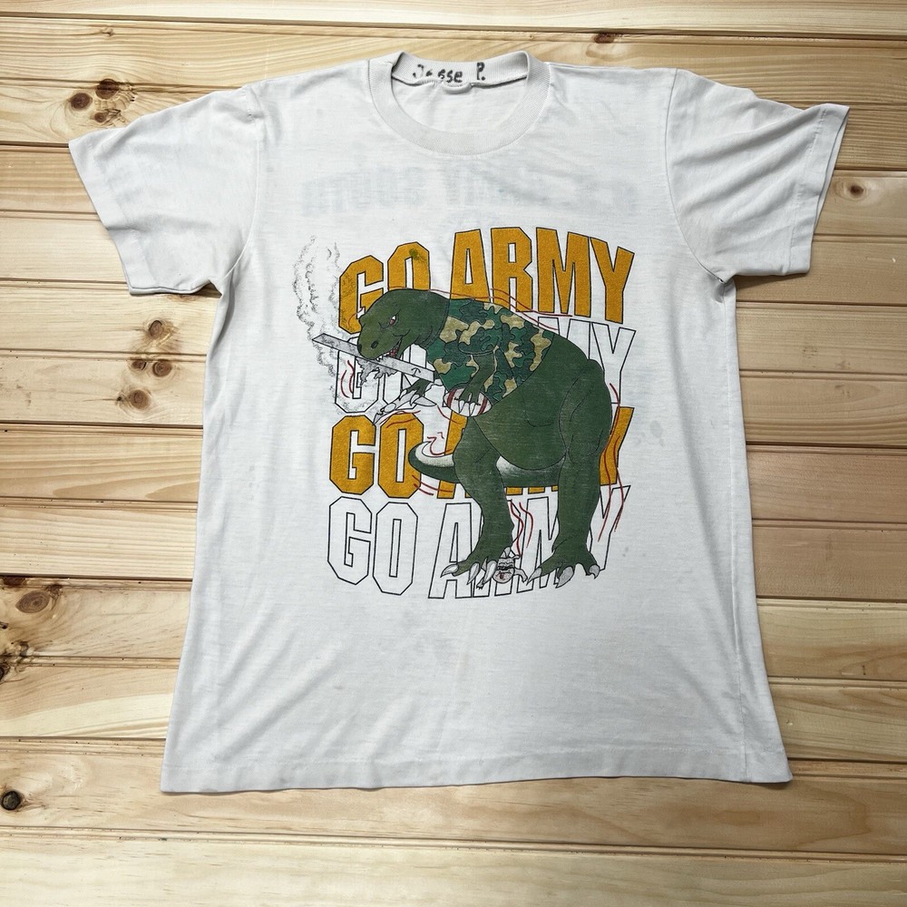 Vintage 80s Dinosaur Jurassic Warriors Cartoon “ Go Army ” Art Shirt Size Medium