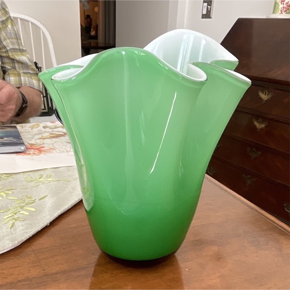 Green White Glossy Art Glass Vase with Ruffled Decorative Design