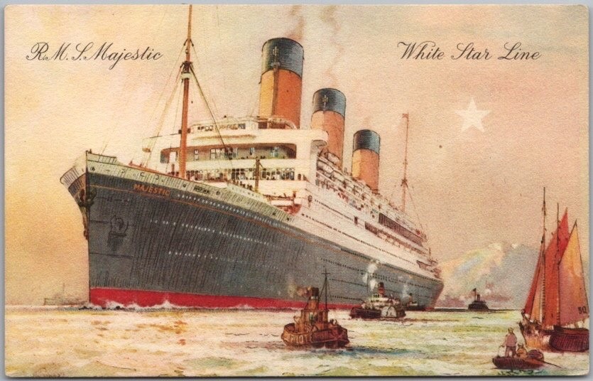 Vintage 1910s WHITE STAR LINE Steamship Postcard R.M.S. MAJESTIC / Artist-Signed