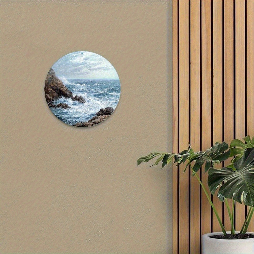 Vintage Farmhouse Round Aluminum Wall Art Mountain Landscape