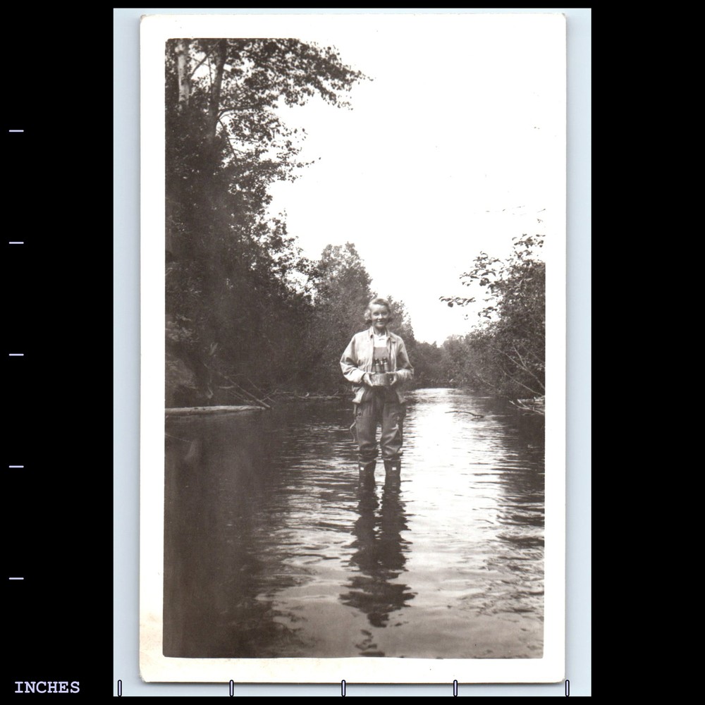Vintage Photo WOMAN STANDING IN RIVER WITH BINOCULARS BIRD WATCHING