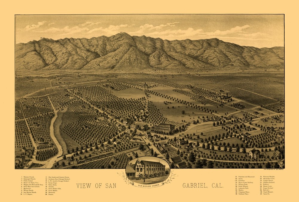 Historic Panoramic View - San Gabriel California - Morse 1893 - 33.99 x 23