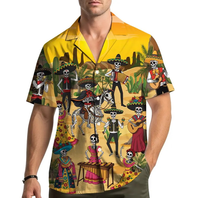 Day of the Dead Skeleton Hawaiian Shirt Mens Aloha Beach Summer