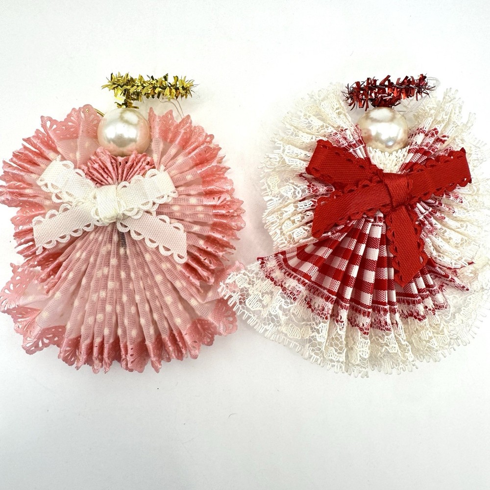 Vintage Handmade Angel Ornaments Set of 2 Lace Fabric Christmas Tree Decor