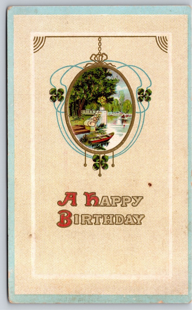 Greetings~Boat On River In Circle Birthday Greeting~Vintage Postcard