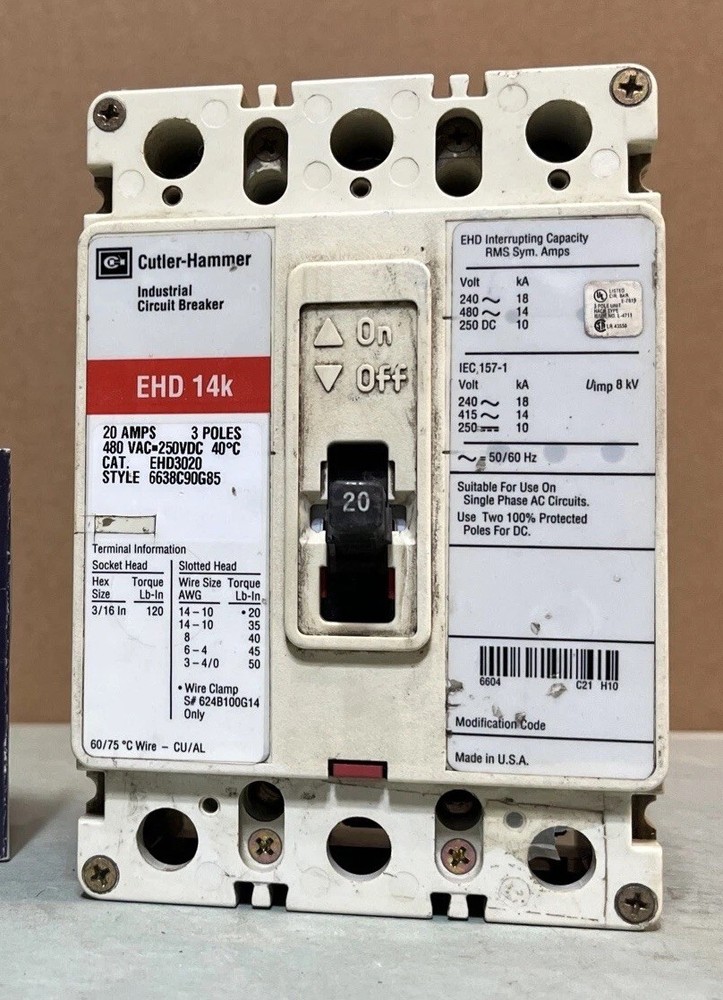 Cutler Hammer Eaton EHD3020 480 VAC 20A 3P 3PH Industrial Circuit Breaker