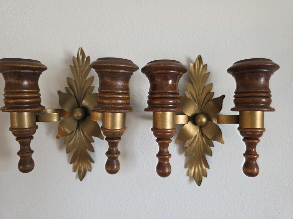 Pair of MCM Vintage Wall Sconce Gold Metal & Wood Double Candle Holders 1970's