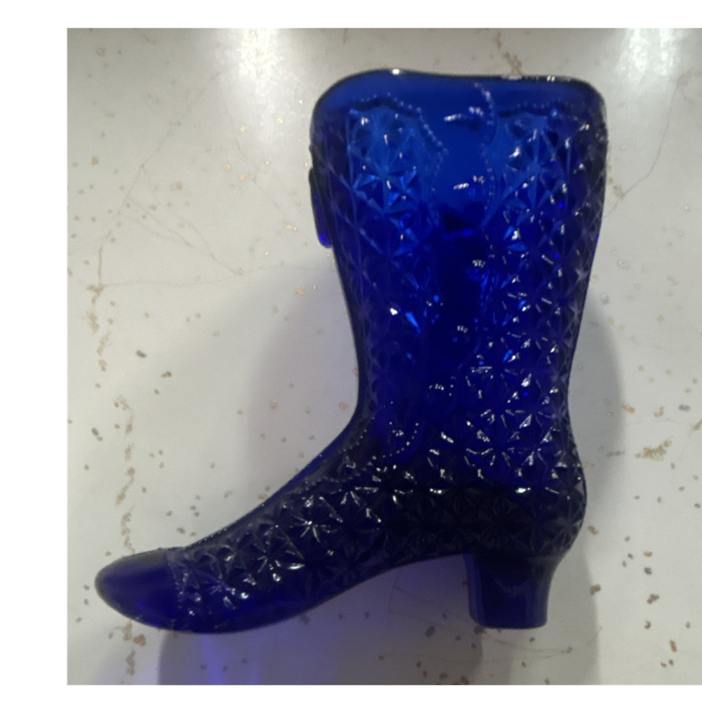 Cobalt Blue Glass Boot-Shaped Vase, Diamond Cut Pattern, Blue Glass Decor