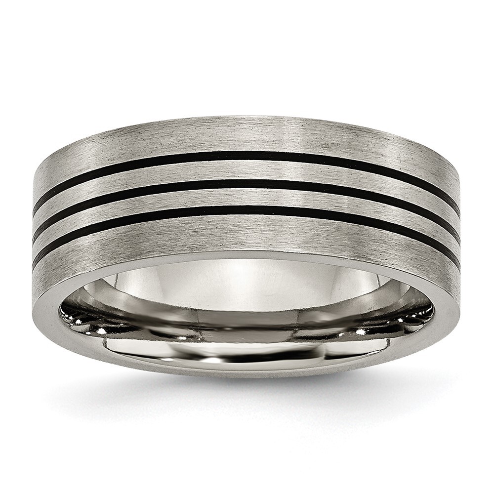 Titanium Satin and Polished Black Enamel Striped 8mm Flat Band Ring Size 7