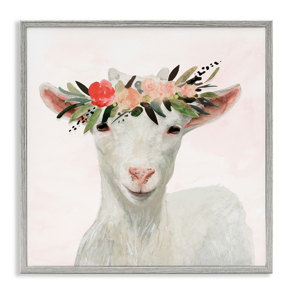 Springtime Flower Crown Baby Goat, Design by Victoria Borges Gray Framed Wall...