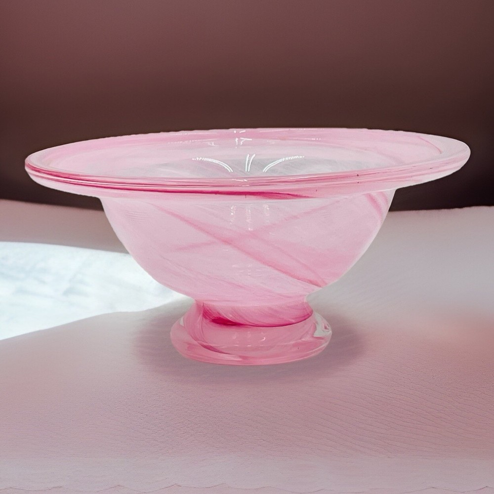 Modern Pink Swirl Handblown Glass Footed Candy Dish Bowl-image