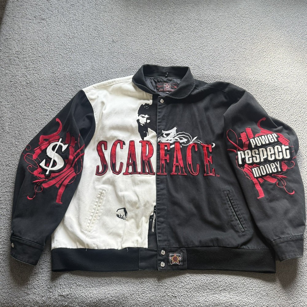Vintage JH Designs Denim Scarface Jacket Size 4XL Jeff Hamilton Black Red White