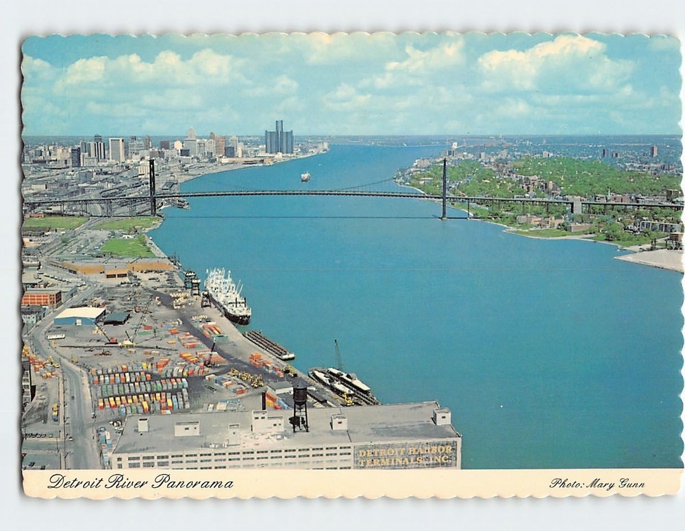 Postcard Panoramic View Detroit River Michigan USA