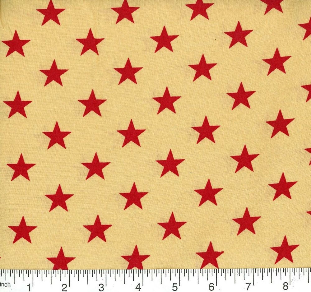 Patriotic Large Red Stars on Natural Fabric 1 yard by 44 in Wide 100% Cotton