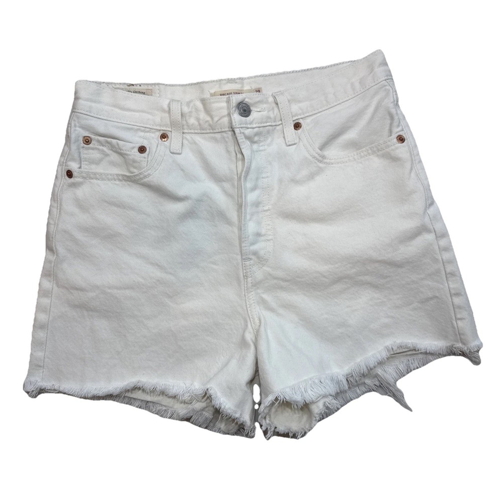Levi’s Women Ribcage Shorts White Frayed Denim Cutoff Size 29