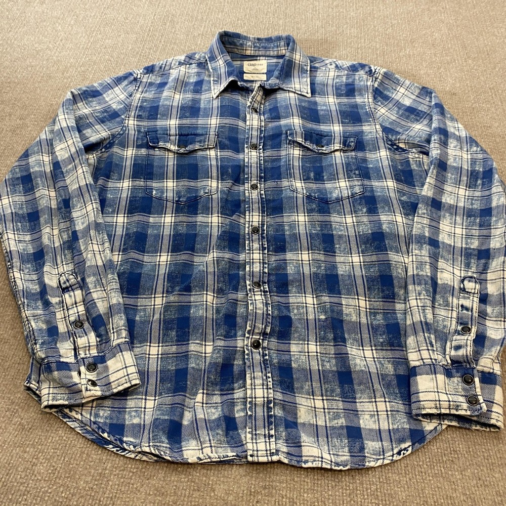 Gap 1969 Shirt Mens Medium Blue Plaid Flannel Long Sleeve Snap Front Rockabilly