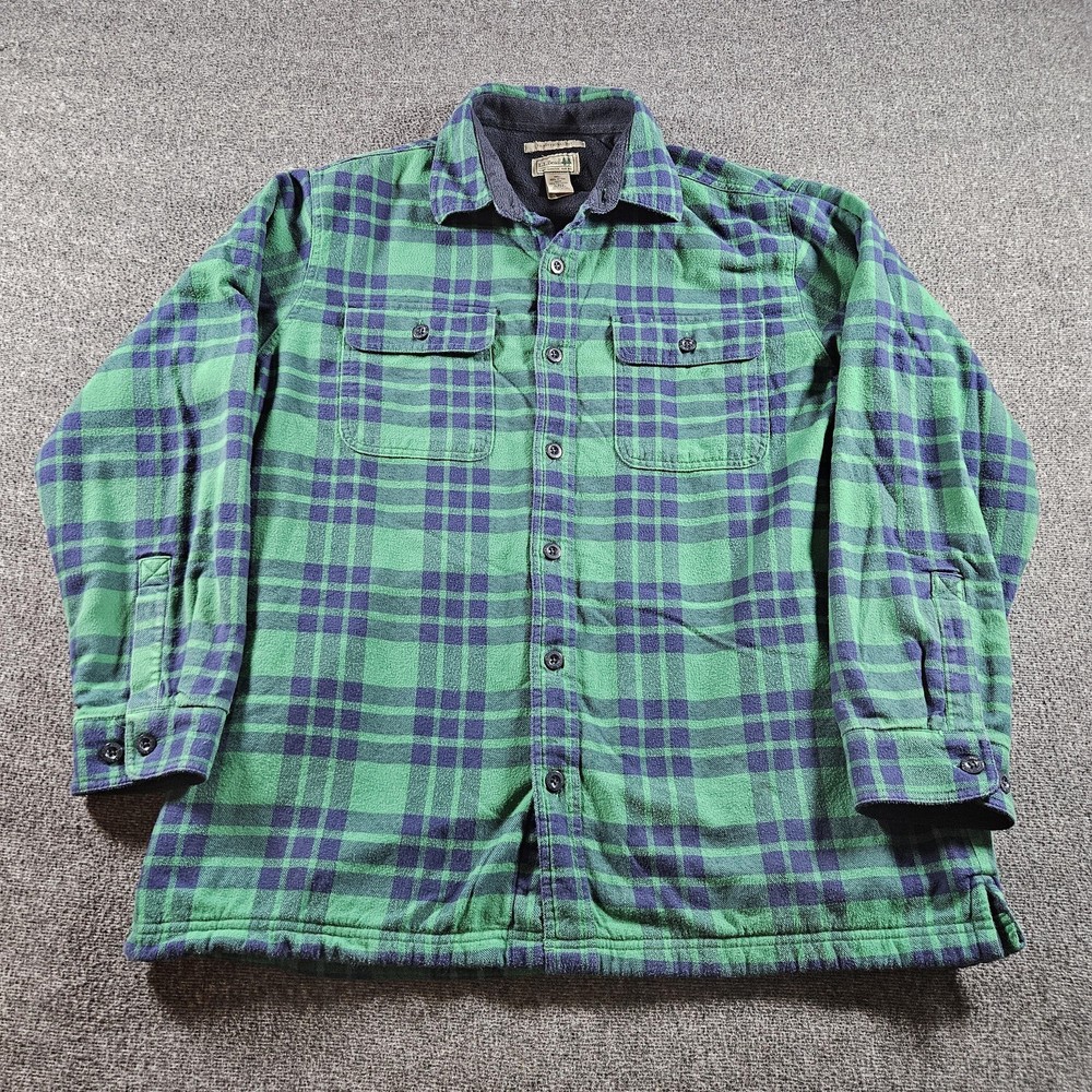 L.L. Bean Shirt Jacket Mens Large Green Blue Plaid Fleece Lined Flannel Workwear