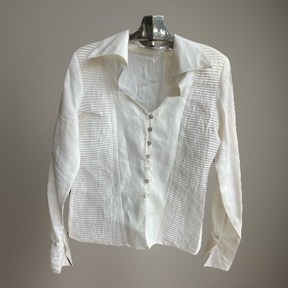 Exquisite 90s Ivory Ramie Blouse Structured Pleated French Cuff Ravel M