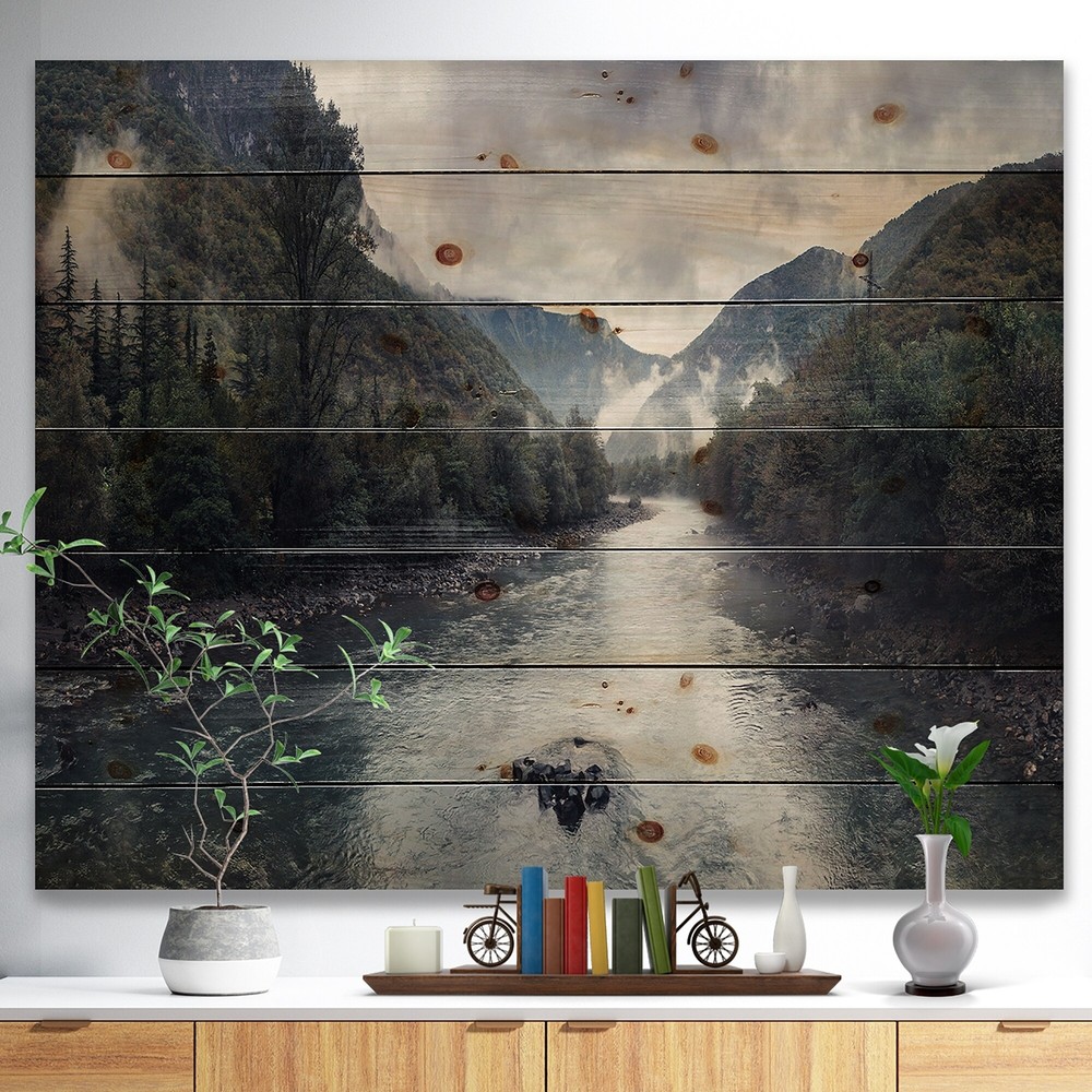 Designart 'Mountain River with Fog and Rain' Modern Seascape  Small