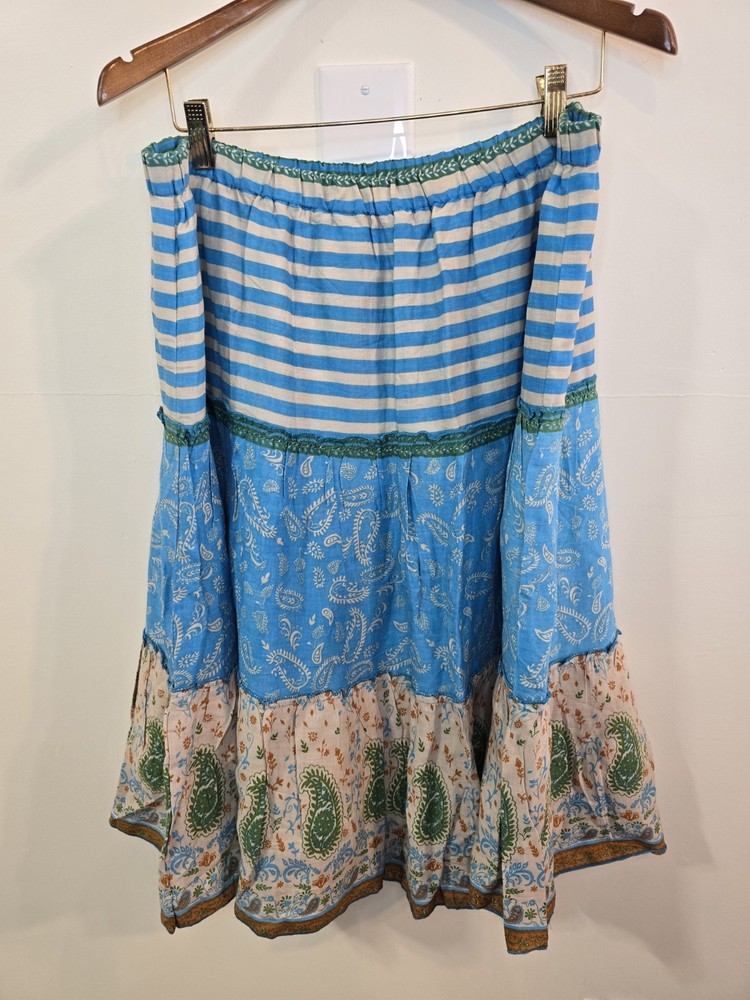 Overdrive Boho Tiered Skirt XL Turquoise Patchwork Paisley Striped Festival
