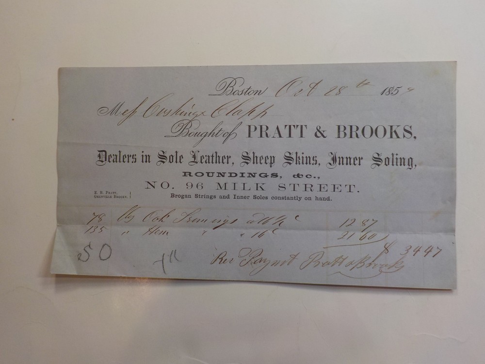 Antique Document 1859 Sheep Skins Sole Leather Pratt & Brooks Billhead Boston
