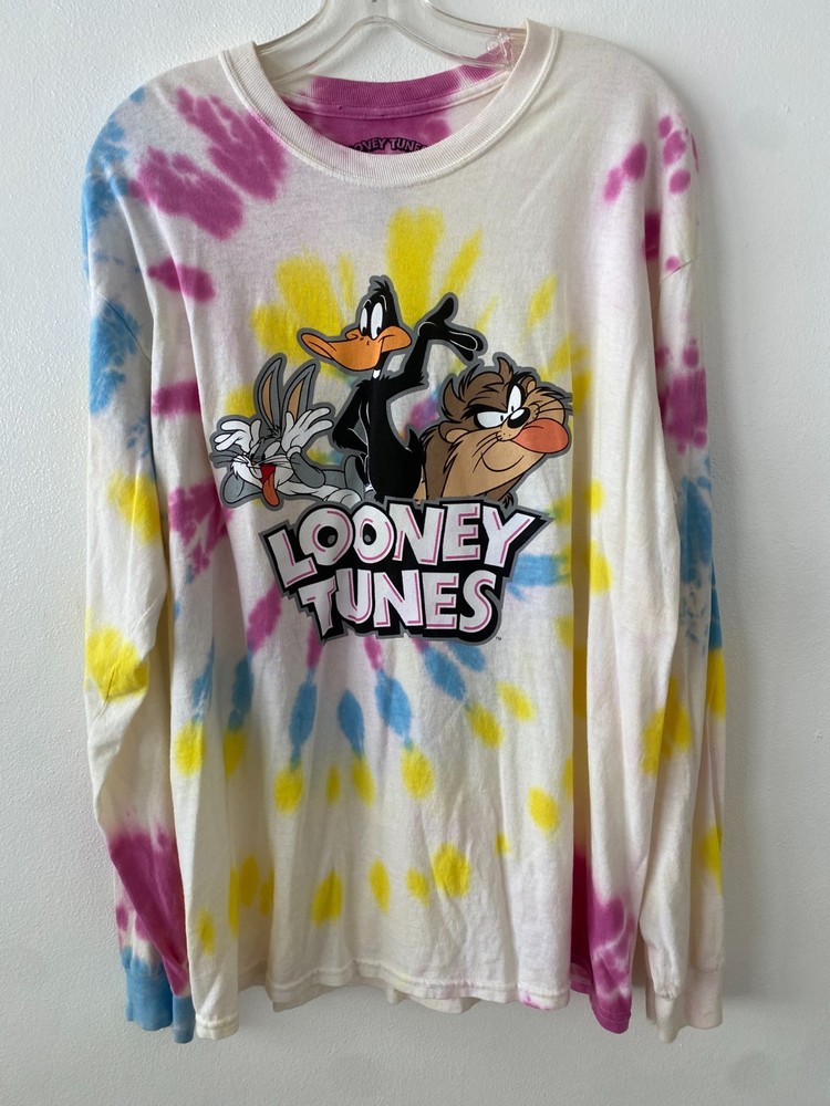 Looney Tunes Graphic Tee Tie Dye Long Sleeve Bugs Daffy Taz Retro T Shirt Size L