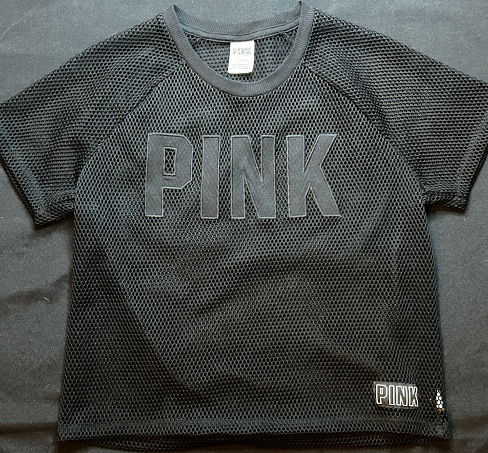 PINK Victoria's Secret Black Mesh Logo Breathable Crew Neck Tee Women's L