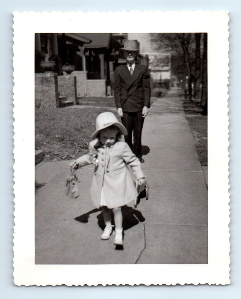Old Vintage Photo MAN IN SUIT AND HAT WALKING BEHIND GIRL ON SIDEWALK