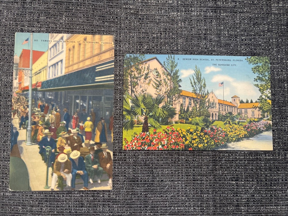 Linen Postcards St. Petersburg, FL~Famous Green Benches & Senior High School