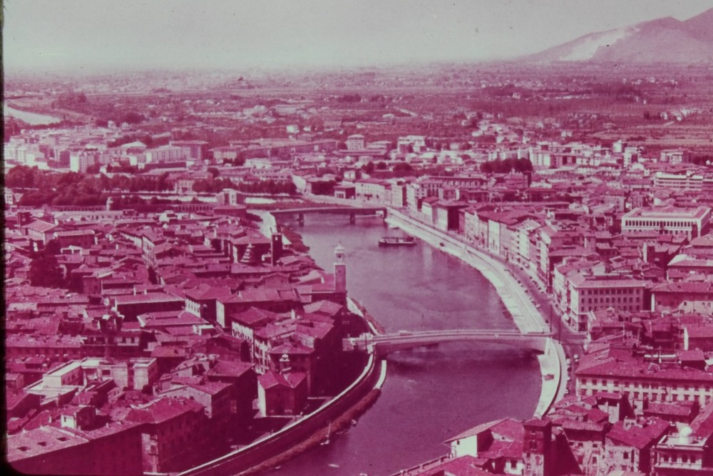 c1960's 35mm Slide Pisa Italy Arno River Ponte di Mezzo Cityscape Bridge Boat