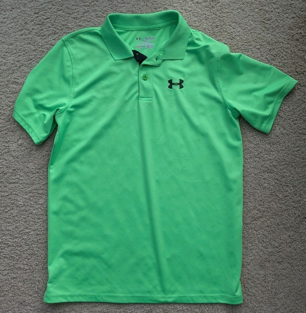 Under Armour HeatGear Boys Polo Shirt Green Solid Logo Short Sleeve Loose YXL
