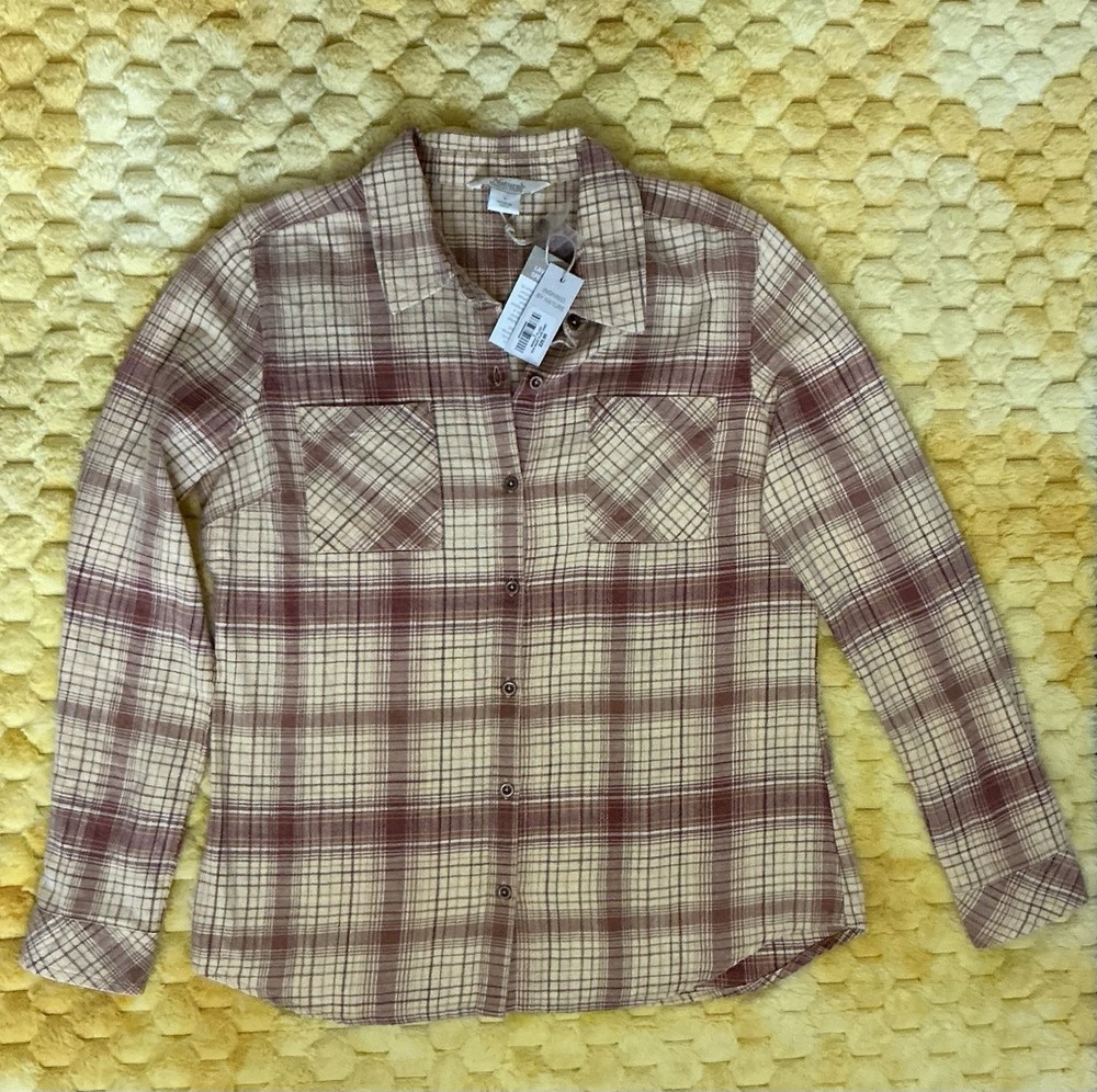 Natural Reflections NWT  Women's Plaid Button-Down Shirt Cotton White Brown  S