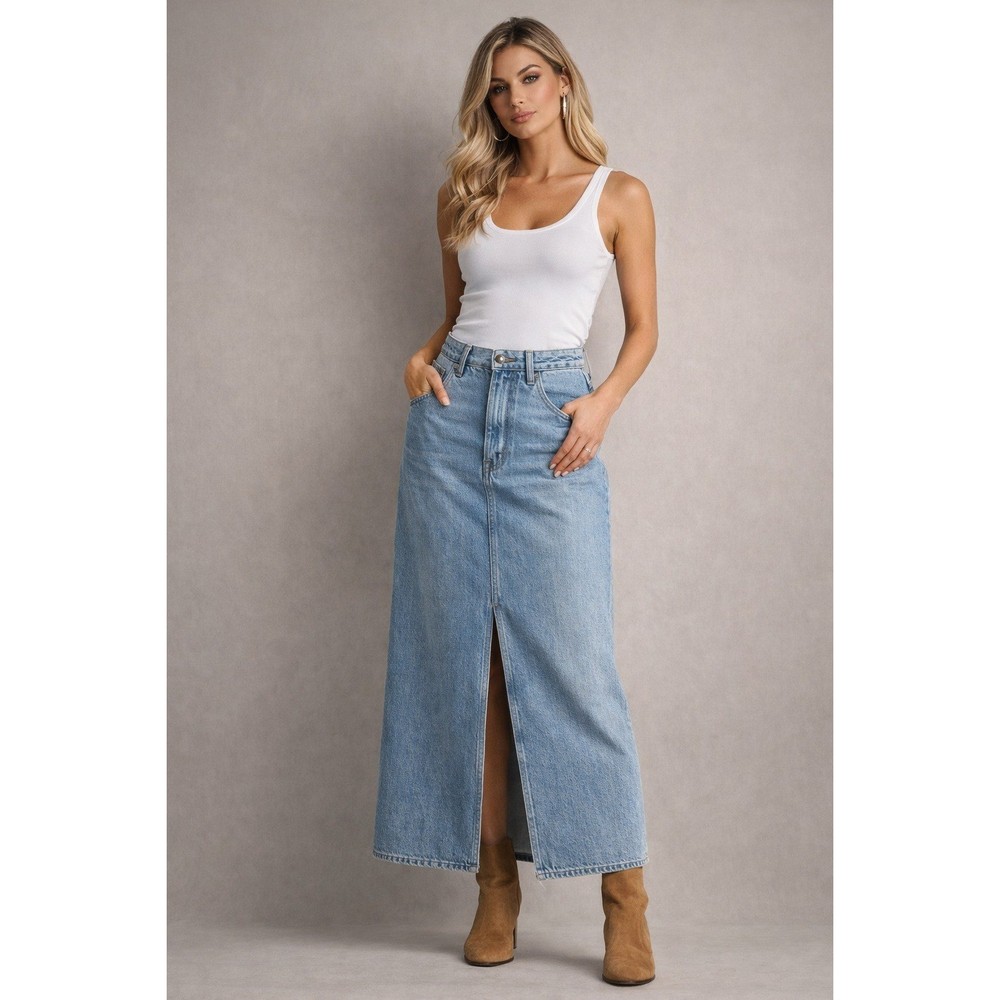 FRAME Le Italien Light Wash Denim Maxi Skirt 100% Cotton 30
