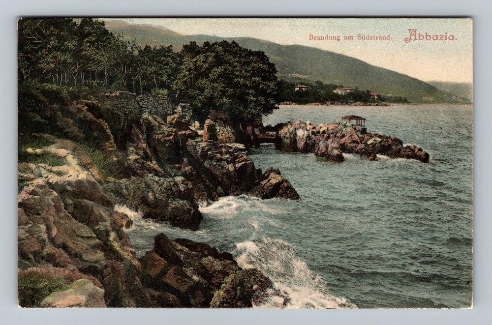 Croatia- Abbazia Kvarner Gulf Rocky Coastline Waves Old Postal Vintage Postcard