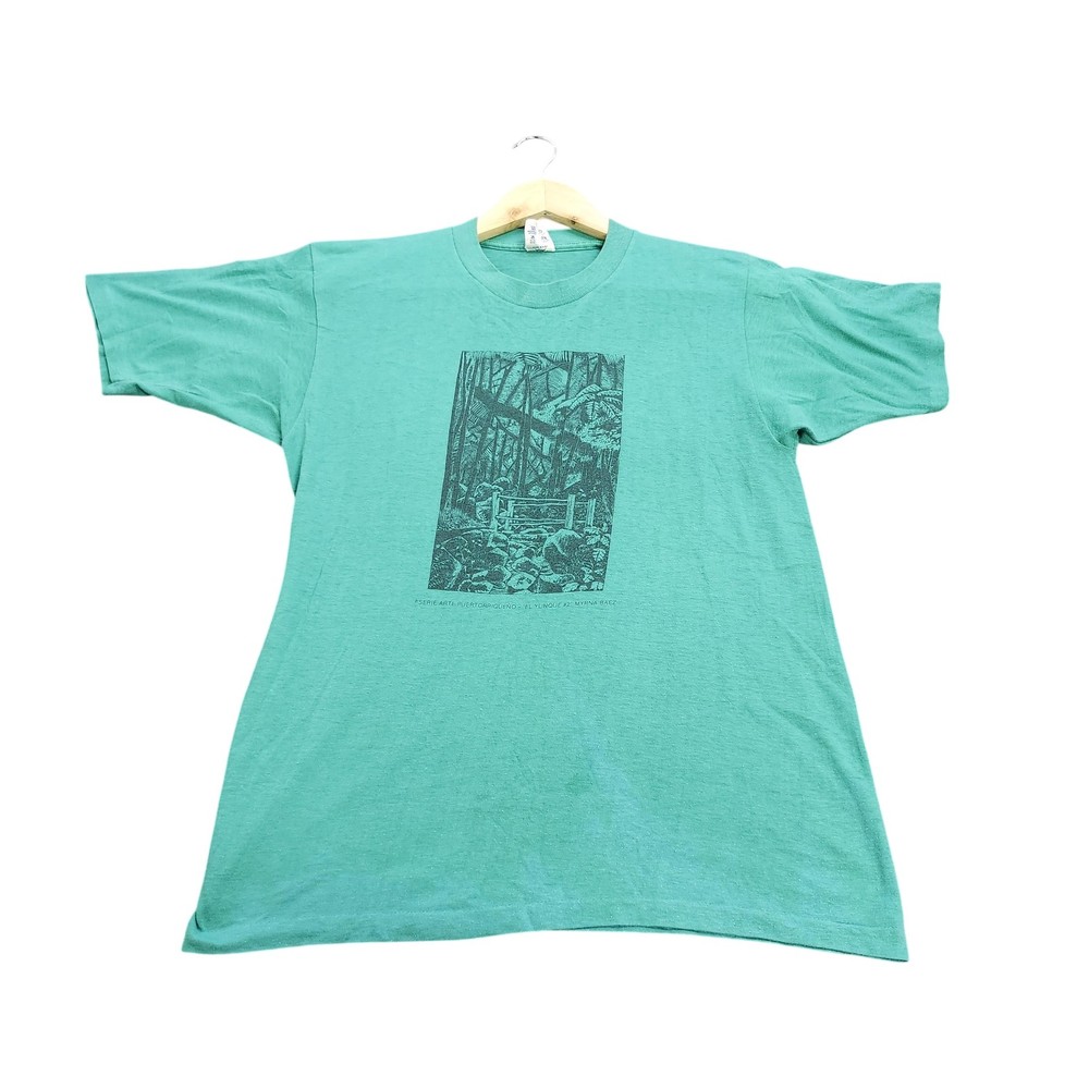 Vintage America Shirt Mens Large Green El Yunque Graphic Tee Art Nature Puerto