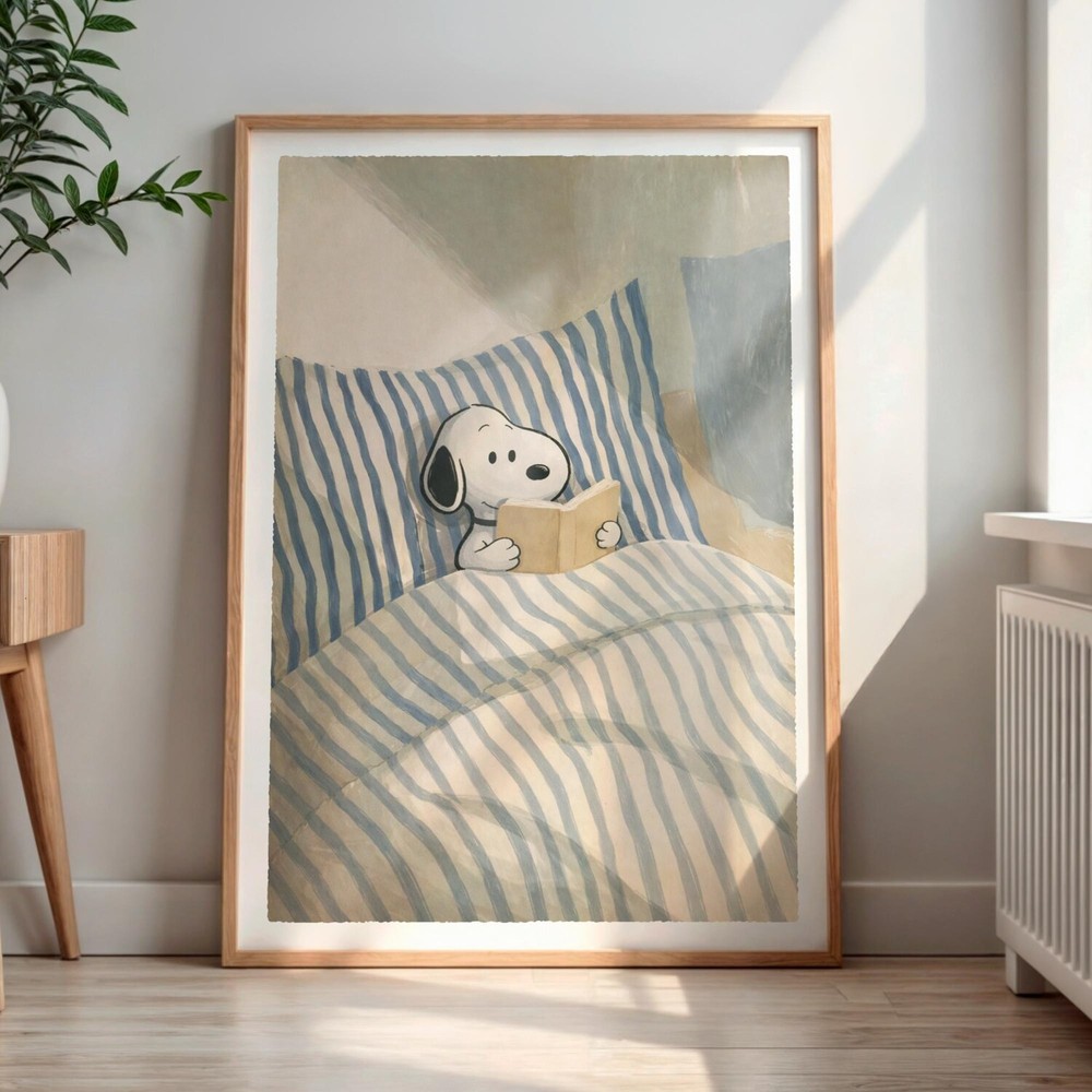 Snoopy Reading in Bed Poster Cozy Bedroom Nursery Wall Art Print