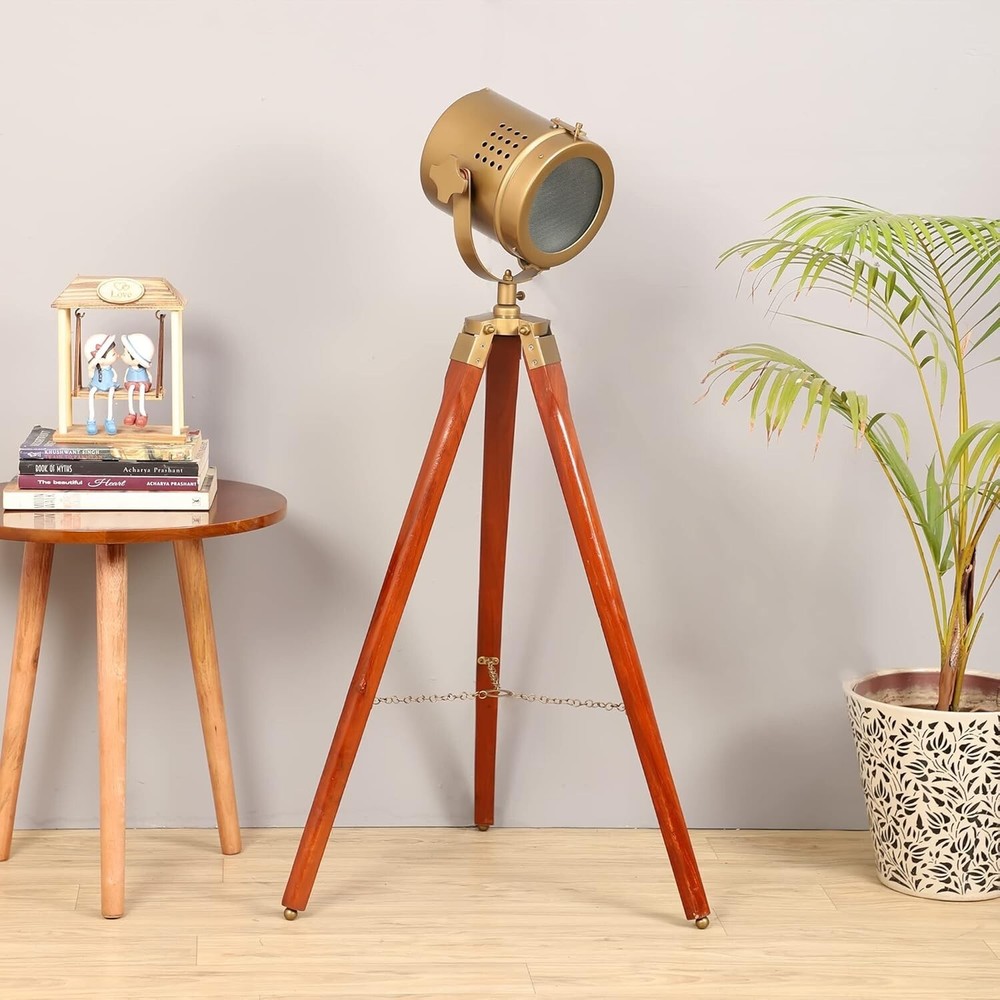Vintage Brass Tripod Theatre Searchlight Floor Lamp Nautical Spotlight