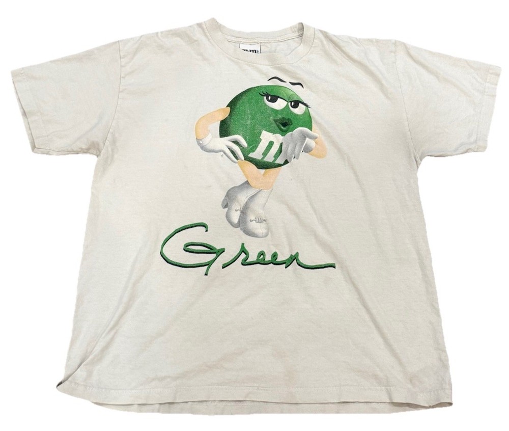 Vintage M&M Tee Shirt Mens XL White Chocolate Candy Green Cartoon Character Tee