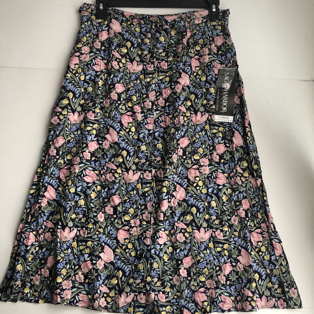 Sag Harbor Petite Floral Maxi Skirt Button Front Belted Women’s PL Lightweight