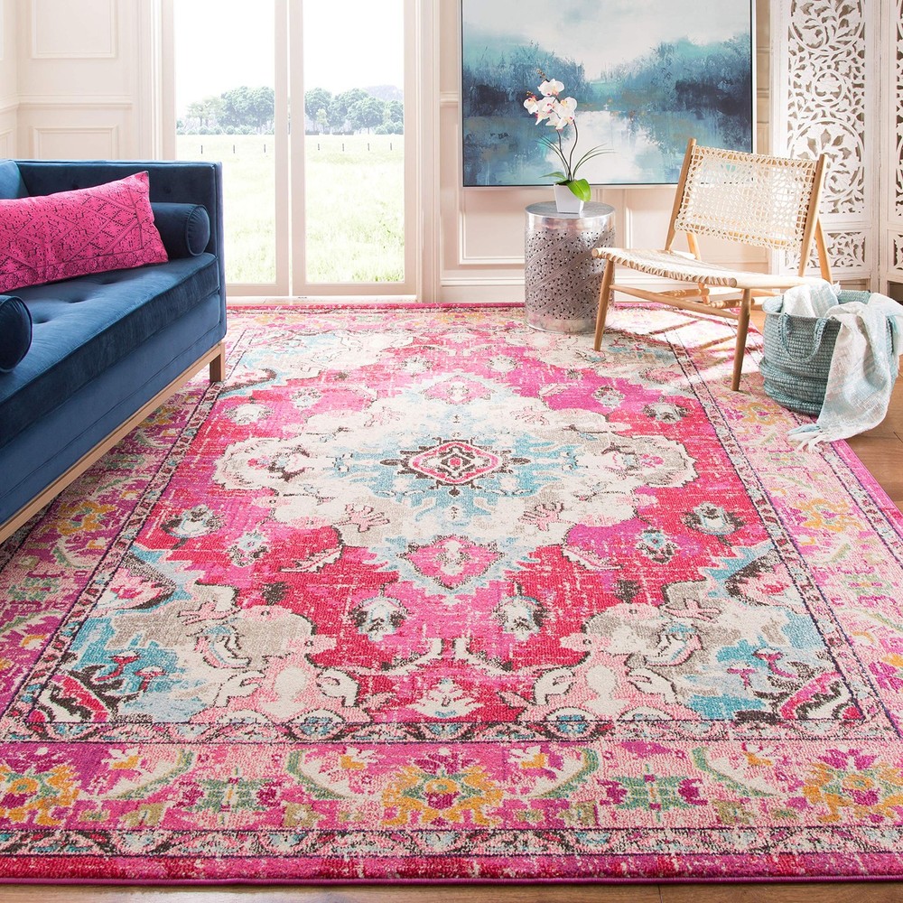 Monaco Collection Area Rug - 4' Square, Pink & Multi, Non-Shedding & Easy to ...
