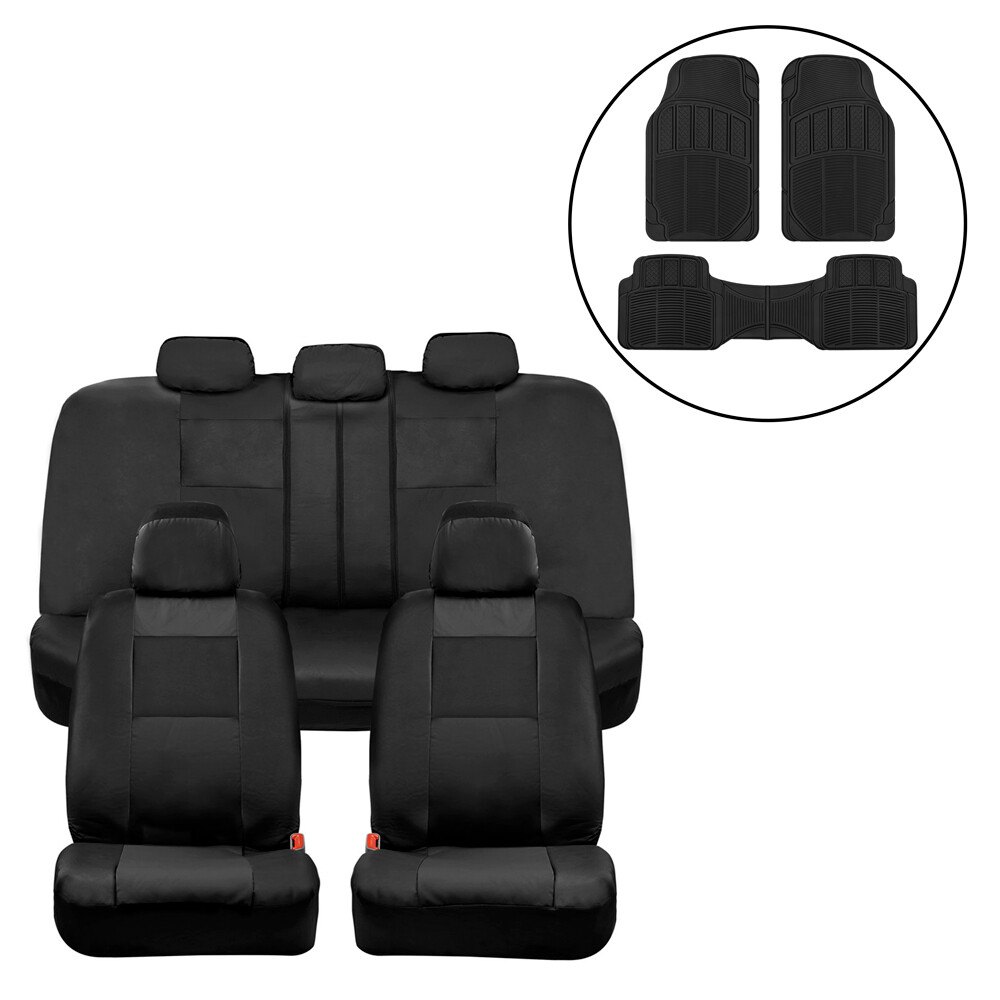Black PU Leather Car Seat Covers & Rubber Floor Mats Full Set  