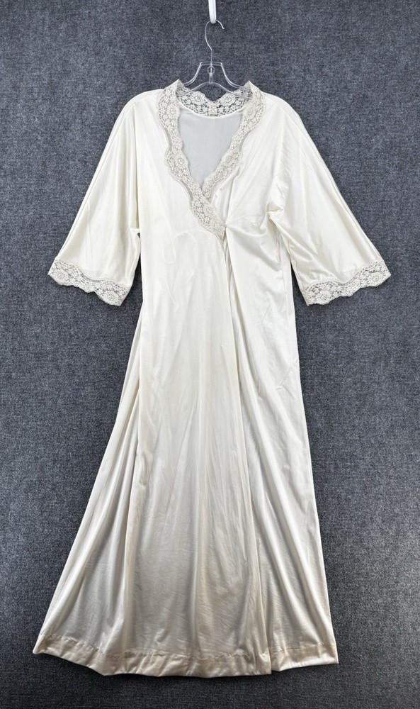 VINTAGE Silky Ivory Long Robe Lace Trim Open Front Sheer Women’s Small