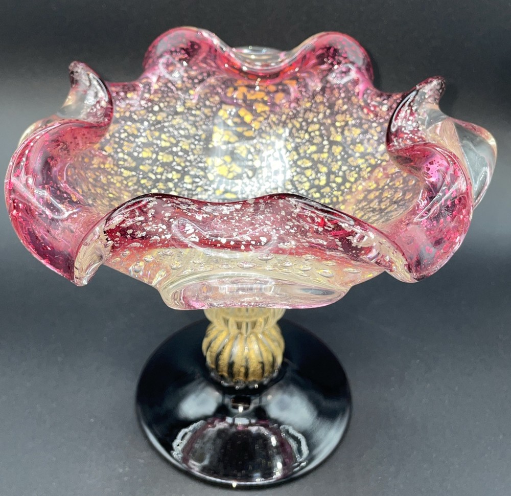 Vintage Murano Gold Aventurine Glass Pedestal Compote Bowl 6 Inch Stunning Rare