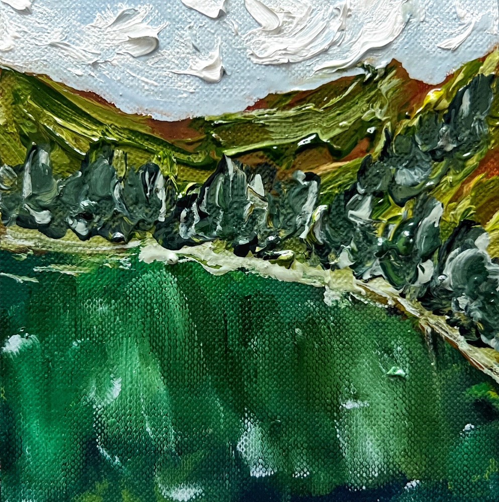 Green Lake View Mountain Coastline Nature Ukrainian Oil Painting Art