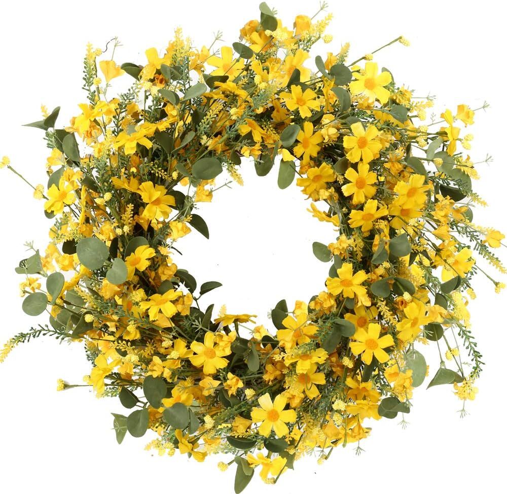 JFLORU 22 Inch Yellow Artificial Spring Summer Wreath for Front Door